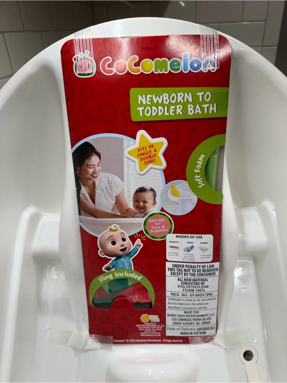 CoComelon 0-24 Month 3-in-1 Baby Bathtub W/Removable Sling, Drain and Storage